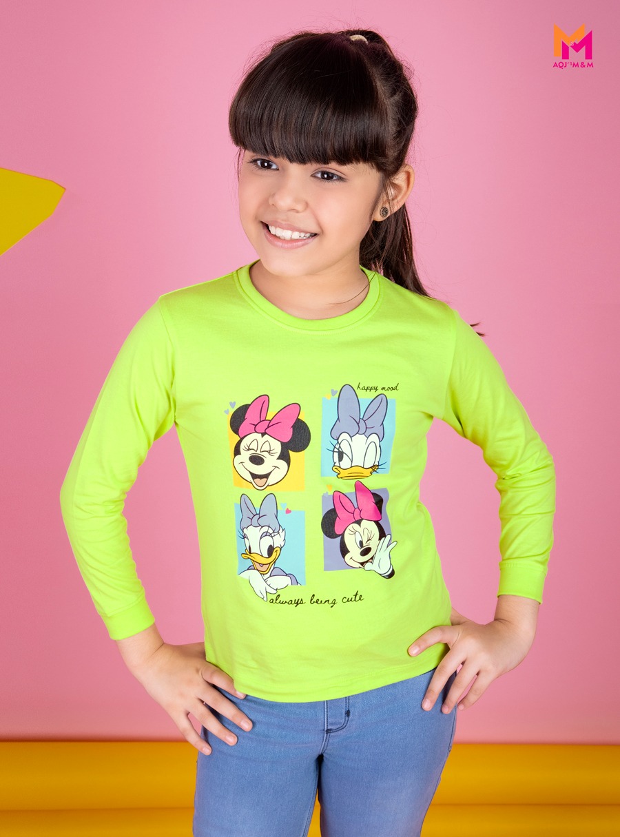 Pear Green Cotton Knit Regular Fit Minnie & Daisy Happy Mood Printed Regular Length Round Neck Full Sleeve Casual Wear T-shirt