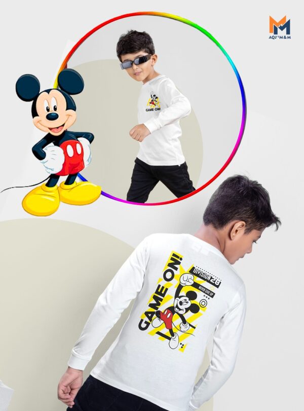 Boys White Cotton Mickey Full Sleeves Fashionable style T-Shirt